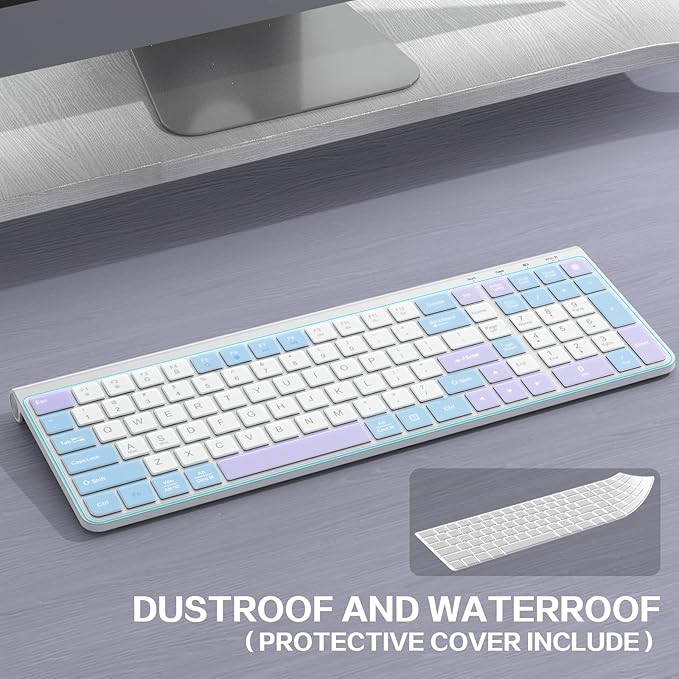 Colorful Wireless Keyboard with Low-Profile Keys-Soft Touch,Cute,Quiet Design,Windows & Mac OS,Office Cordless Slient Computer Keyboard for Desktop,Laptop, PC, Mac, Windows-Purple Blue White