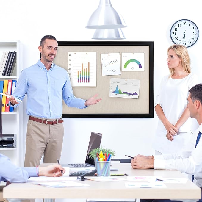 Bulletin Board Cork Board with Linen, 100% Wood Framed 24" x 36" Bulletin Board Decorations, Pin Boards for Walls, Wall Mounted Fabric Picture Board with 10 Pushpins for School, Home & Office, Black-DeskLoop Office