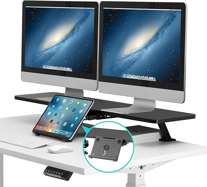 AVLT Clamp Desk Shelf Dual 32" Monitor Riser With Slide-out Holder for Convertible Laptop, Tablet, Smartphone (Black) - Floating Stand (Clamp-On Shelf Only)-DeskLoop Office