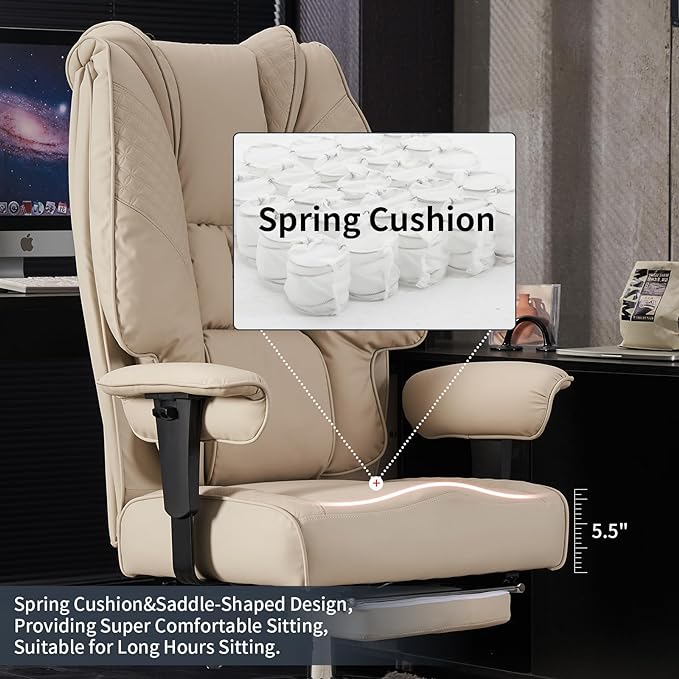 Big and Tall Office Chair 400lbs Wide Seat, Leather High Back Executive Office Chair with Foot Rest, Ergonomic Chairs Lumbar Support for Lower Back Pain Relief (Beige)-DeskLoop Office