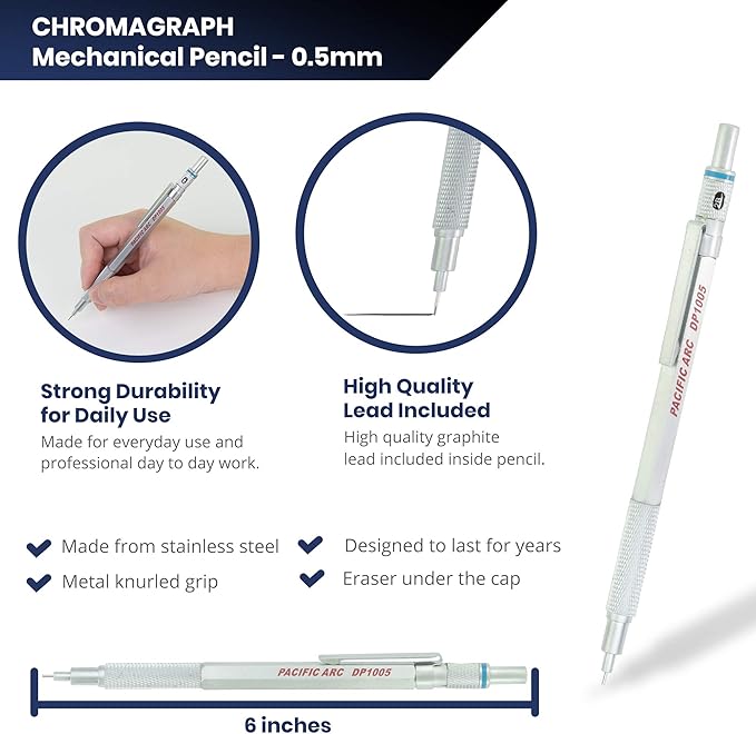 Pacific Arc Chromagraph Metal Mechanical Pencil .5 mm Silver Barrel Mechanical Pencil with Built In Lead Pencil Grade Indicator, Lead Pencil Holder for Drafting, Sketching, and Drawing-DeskLoop Office