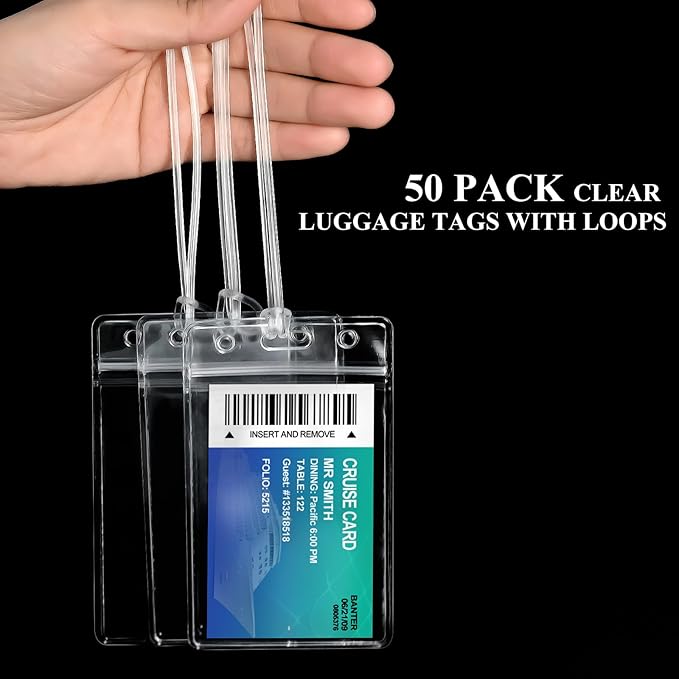 10 Pack Clear Plastic Luggage Bag Tag Holder Badge Label Tag Holder with 10 Pack Luggage Loops Straps for Office Business Travel Supplies-DeskLoop Office