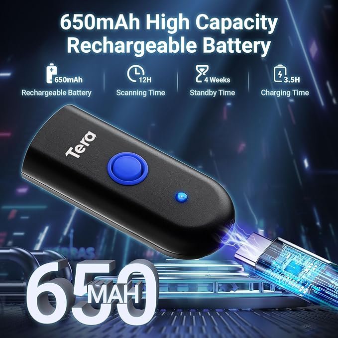 Tera Mini 1D Barcode Scanner: Pocket Waterproof Wireless Laser Scanner 3 in 1 Compatible with Bluetooth USB Wired Portable Bar Code Reader for Supermarket Logistics Work with iOS Windows Android 1100L-DeskLoop Office