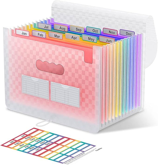 ThinkTex Accordion File Organizer, 12 - Pocket Expanding File Folders for Paper Receipts, Bills&Taxes Organizer, Letter/A4 Size Document Holder for School, Office, Home with Colorful tabs- Pink-DeskLoop Office