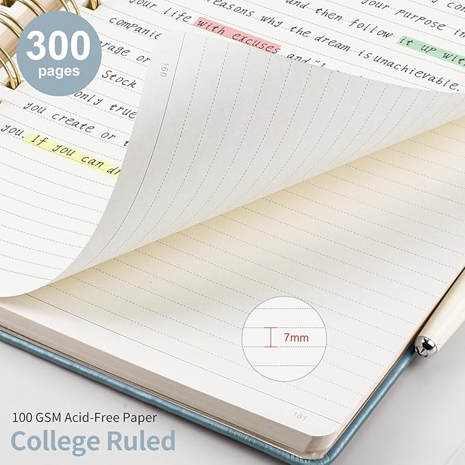 EMSHOI College Ruled Notebook, 300 Numbered Pages, B5 (7.48”x10.15”) PU Leather Hardcover, 100GSM Thick Paper – Perfect for Work, Writing, Journaling, Notes, Gray-Blue for Women & Men