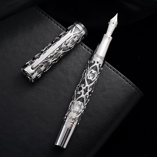 Hongdian D1 Piston Fountain Pen Extra Fine Nib, Hollow Skeleton & Resin Pen with Metal Case Set (Silver)-DeskLoop Office