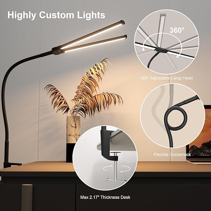 LED Desk Lamp, Double Head Led Desk Lamp, 12W Ultra Bright Architect Task Desk Light, Eye Caring Desk Light, Desk Lamps for Home/Office/Study/Drafting/Sewing/Dorm/Painting(Black)