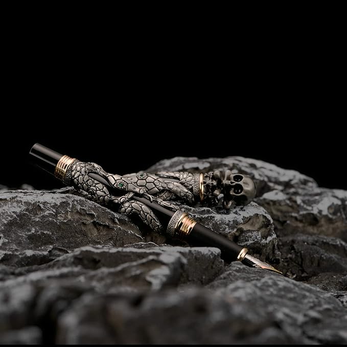 Jinhao Black Snake Fountain Pen Bent Nib Fude Pen with Skull Head Solid Metal-DeskLoop Office