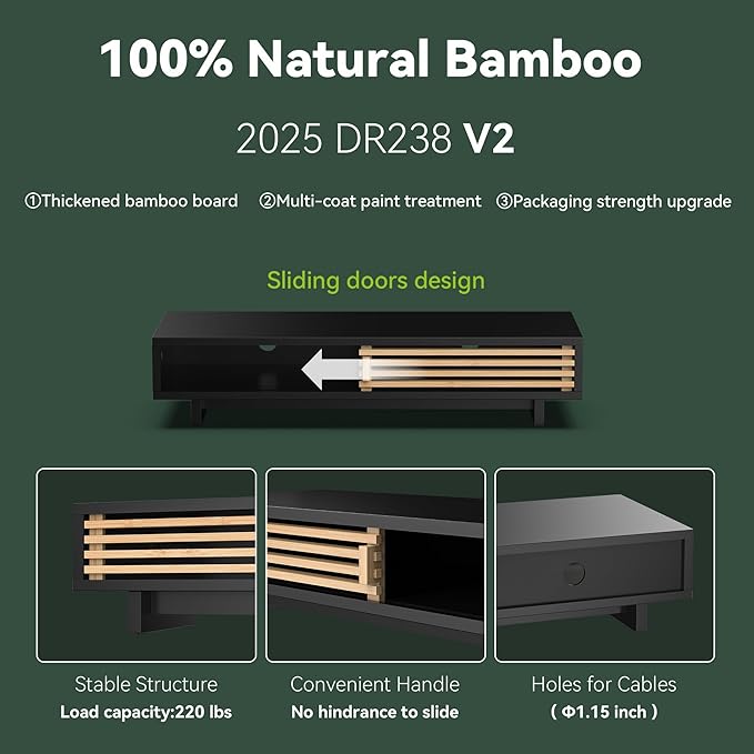 Monitor Stand Riser with Sliding Door, Computer Laptop Stand Desk Shelf Organizer with Storage (Black + Natural Bamboo, 25 Inch)-DeskLoop Office