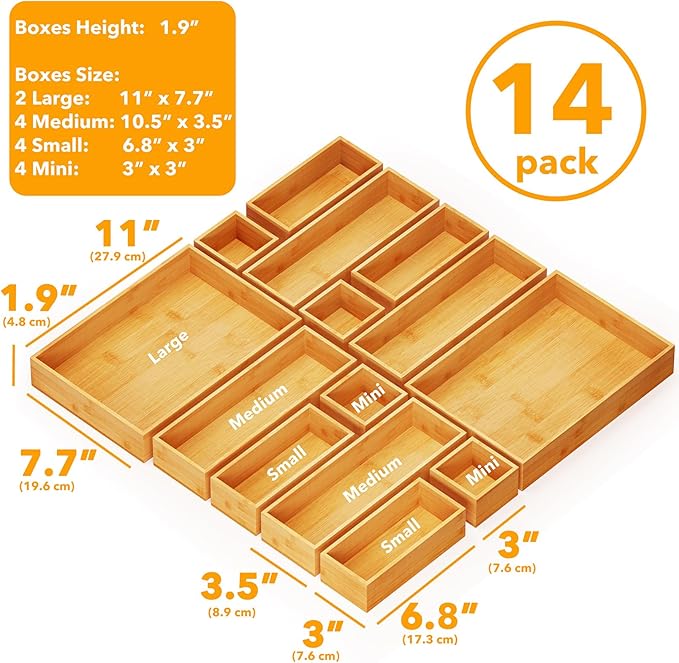 SpaceAid 14-Piece Bamboo Drawer Organizer Storage Boxes Set, Wood Tray Junk Drawer Organizers Multi-Use Divider Bins for Kitchen, Bathroom, Office Desk and Makeup Organization (14 Pack, Natural)-DeskLoop Office