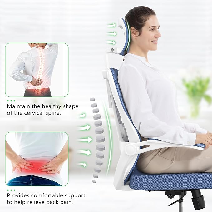 Home Office Chair,Ergonomic Big and Tall Office Desk Chair with Flip-up Arms/Headrest/Adjustable Lumbar Support/Tilt Function/450 lbs Heavy Duty Office Chair-Mesh (Blue)
