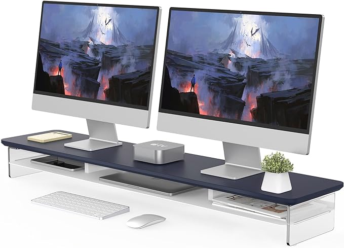 Fenge Acrylic Monitor Stand Riser, 42.5 Inches Dual Monitor Stand with Metal Storage, 2 Tier Acrylic Computer Riser for Desk, Clear Laptop Stand for PC, Laptop, Printer, TV, Blue-DeskLoop Office