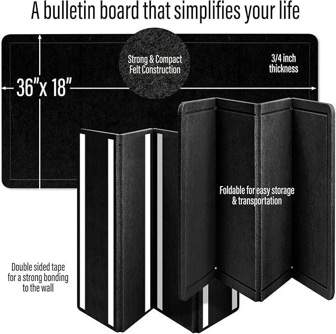 Large Bulletin Board 36 x 18 Inches - Foldable Felt Bulletin Board for Wall, Cork Board Alternative with 50 Color Pins & 6 Note Pads, Vision Board - Black-DeskLoop Office