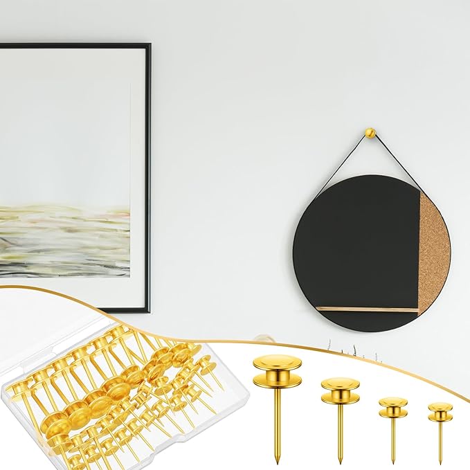 Ferraycle 40 Piece Double Headed Picture Hangers Nails 4 Size Long Thumb Tacks for Wall Hanging Decorative Nails Push Pins Picture Hooks for Drywall Photo Decor, 10/20/ 30/ 50lb(Gold)-DeskLoop Office