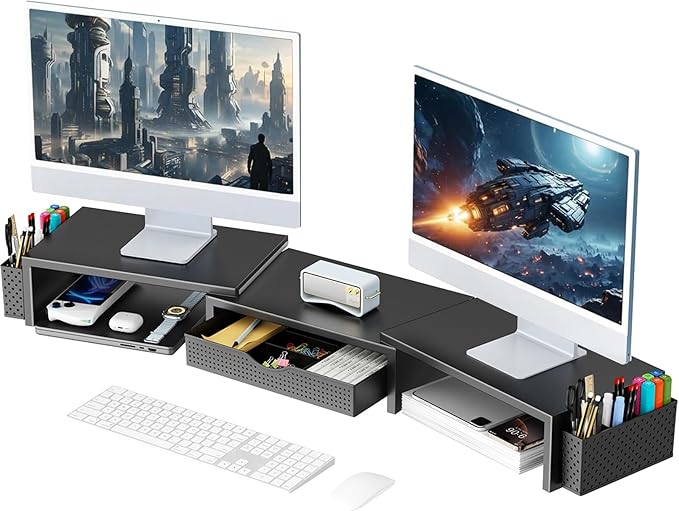 gianotter Dual Monitor Stand Riser, Desk Organizer With Drawer and 2 Pen Holders, Computer Monitor Stand, Desk Shelf for Top of Desk, Balck-DeskLoop Office