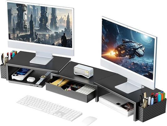 gianotter Dual Monitor Stand Riser, Desk Organizer With Drawer and 2 Pen Holders, Computer Monitor Stand, Desk Shelf for Top of Desk, Balck-DeskLoop Office
