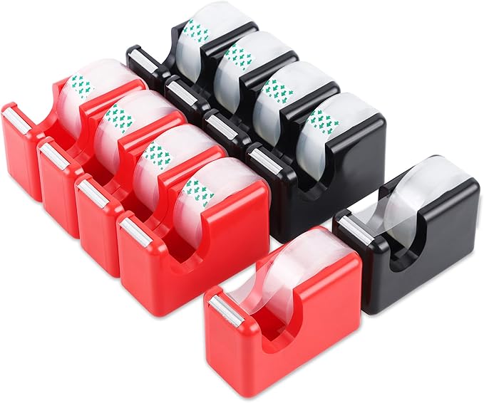 Lichamp 10 Pack Office Desktop Tape Dispenser Includes 10 Rolls of 1 Inch Core Tapes 3/4 in x 1000 in, Red and Black Desk Tape Dispensers Non-Skid Base, Great for School, Office and Home-DeskLoop Office