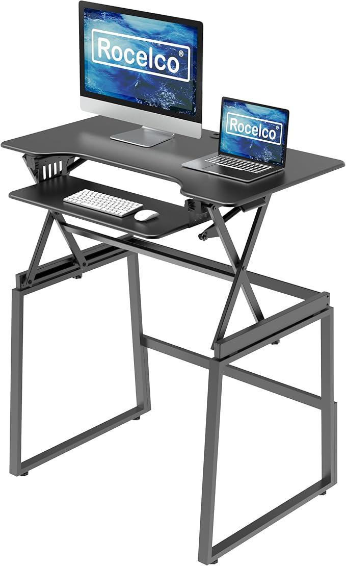 Rocelco 40" Large Height Adjustable Standing Desk with AC Outlet USB Charger and Floor Stand BUNDLE - Tall Dual Monitor Riser Computer Workstation - Keyboard Tray - Black (R DADRB-40-ACUSB-FS2)-DeskLoop Office