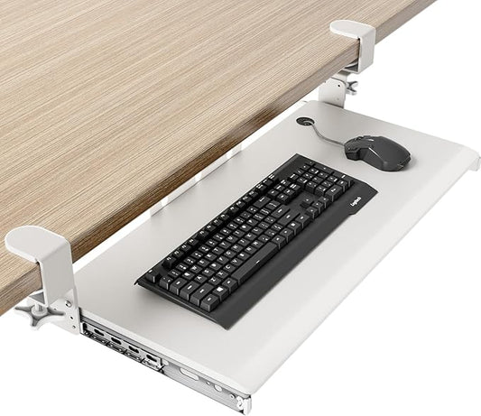 Keyboard Tray Under Desk Pull Out with Extra Sturdy C Clamp Mount System, 27.3 (32.5 inch Including Clamps) x 11 Inch Slide-Out Platform Computer Drawer for Typing White AX01WW01-DeskLoop Office