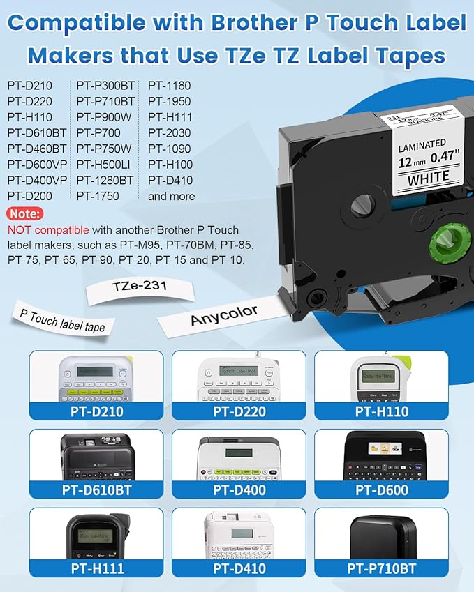 4-Pack TZe TZ Tape 12mm 0.47 Laminated White TZe-231 Replace for Brother P Touch Label Tape TZe231 for Brother Label Maker Tape PT-D210 PT-D220 PT-H110 PT-D610BT PT-D600 PT-D410 PT-D400 PT-H111 PTD200-DeskLoop Office