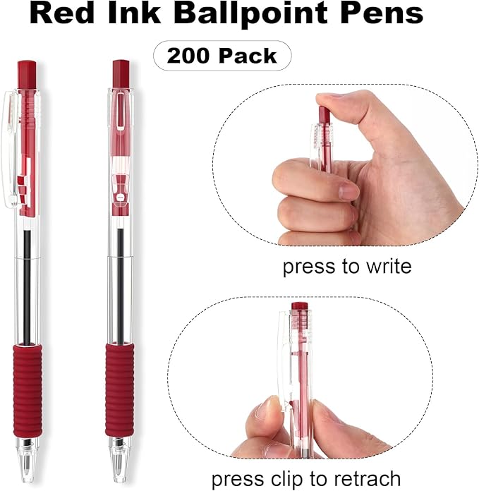 200 Pack Red Gel Ink Pens Bulk, 1.0mm Retractable Click Point Ballpoint Pens Smooth Writing with Comfortable Grip for Back to School Office Classroom Business Home Work Supplies-DeskLoop Office