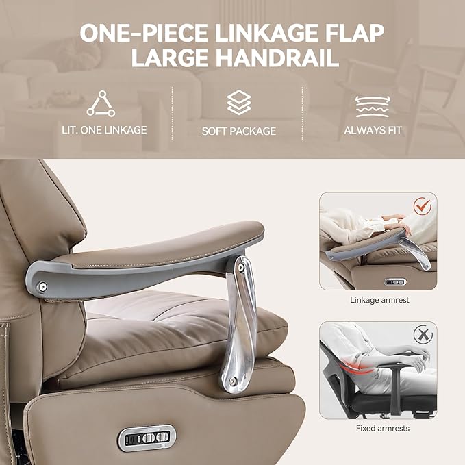 Dual Motor Electric Genuine Leather Executive Office Chair with Foot Rest, Comfortable Reclining Office Chair with Massage, Big and Tall High Back Comfy Ergonomic Home Office Desk Chairs 400lbs, Khaki-DeskLoop Office