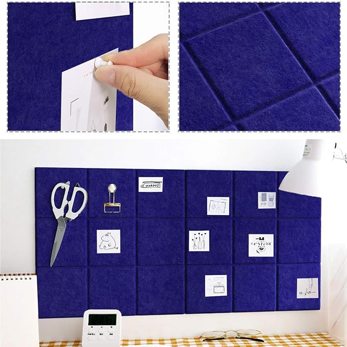 Large Felt Board Tiles for Wall with 30 Push Pins, 11.8"x11.8" Pack of 6 Pin Board Notice Boards for Home Office Kitchen, Bulletin Board Wall Tiles for Photos Memos (Dark Blue, 6 Pack)