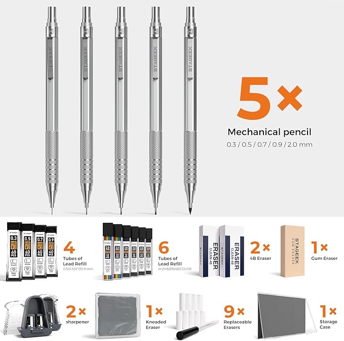 21PCS Metal Mechanical Pencil Set, Art Lead Pencil 0.3, 0.5, 0.7, 0.9, 2mm Holder(HB 2H 2B 4B Color) with 10 Tubes Graphite Lead Refills Eraser with Case for Drafting Drawing Sketching-DeskLoop Office