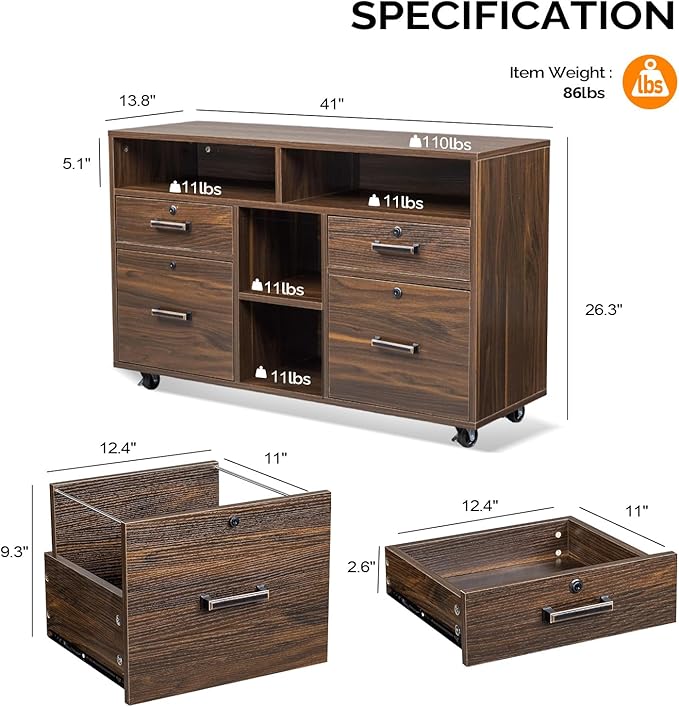 VINGLI Dark Brown Wood Lateral File Cabinet with Lock, 4 Drawer & 4 Open Shelves, Rolling File Cabinet for Home Office, Letter Sized-DeskLoop Office