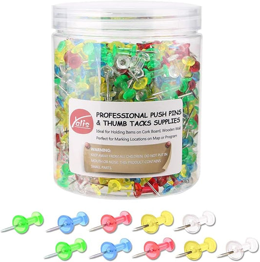 Yalis Push Pins 600 Count Clear Multicolored, Standard Thumb Tacks Steel Point and Clear Multi-Colors Plastic Head-DeskLoop Office