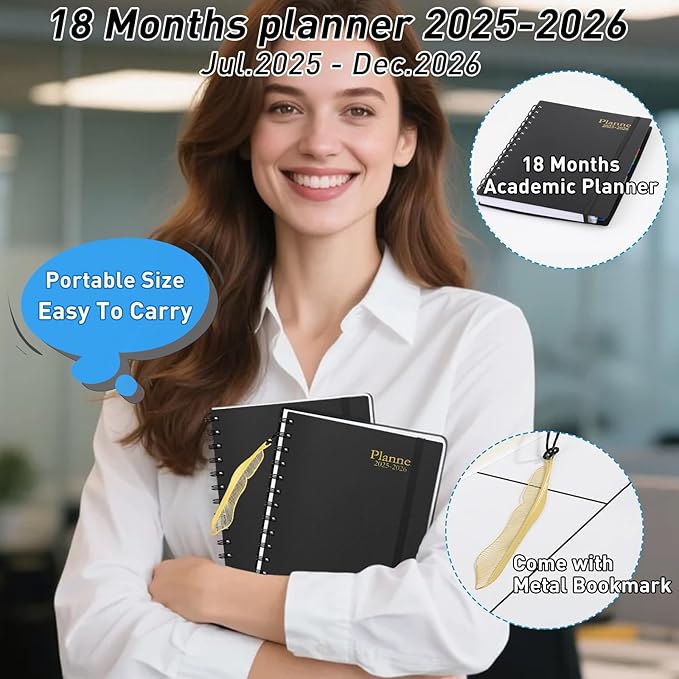 Daily Planner 2025-2026, July 2025 - December 2026, Yearly Monthly Weekly Daily Academic Calendar Planner, 18 Month with Tabs, Time Management Manual, 100GSM Thick Paper, A5 Size, Black-DeskLoop Office