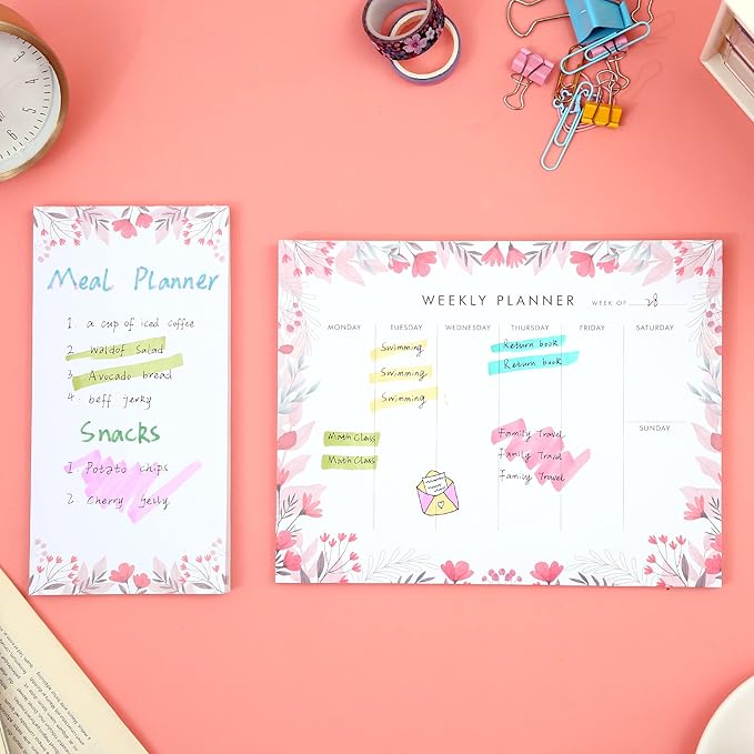 Weekly Planner Notepad Tear Off Set of 2 Weekly Calendar Pad 52 Undated To Do List Notepad Desk Planning Pads Productivity Tracker for Work School Home Goals Notes Schedule Ideas, Floral Pink-DeskLoop Office