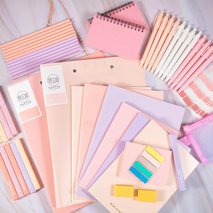 Colarr 54 Pieces Aesthetic School Supplies Including Pastel Highlighters Document Bags Pencils Notebooks Pencil Pouch Ink Pens Sticky Notes Erasers Back to School Gift Stationary Kit (Pink)-DeskLoop Office