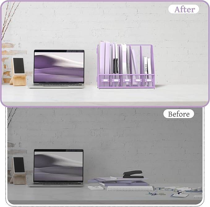 SUPEASY Desk Organizers Metal Desk Magazine File Holder with 5 Vertical Compartments Rack File Organizer for Office Desktop, Home Workspace, Purple-DeskLoop Office