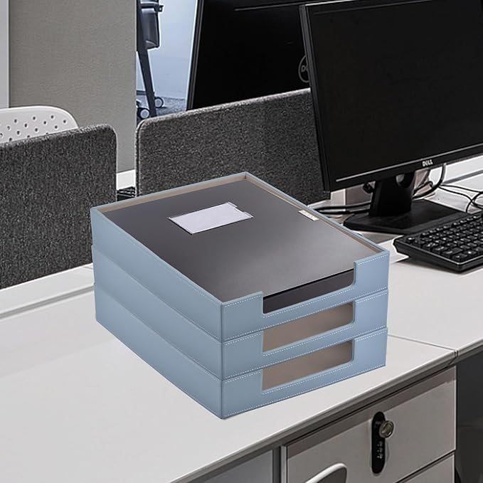 Leather Letter Tray, Office Supplies Desk Organizer for Mail Paper Files Magazines Jewelry Cosmetics,Luxury Letter Holder&Multipurpos Stackable Storage Box Office Desktop,Grey-DeskLoop Office