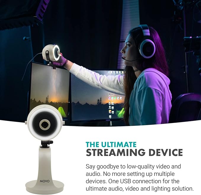 Movo WebMic HD Pro All-in-One Webcam with Mic and Ring Light in Pearl White- 1080p HD Camera, Pro Cardioid Condenser Microphone, LED Ring Light -HD Webcam For Streaming, Video Calls, Recording, Gaming-DeskLoop Office