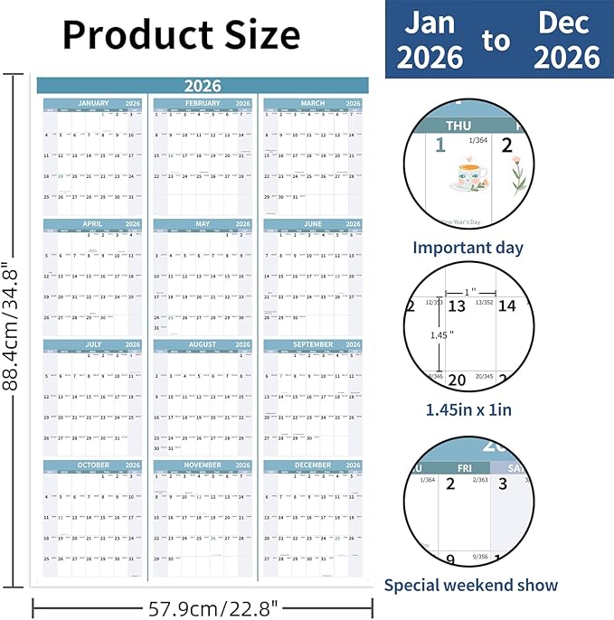 2026 Wall Calendar 34.8" x 22.8" Large Vertical Yearly Wall Hanging Calenda with Julian Date Thick Paper Calendar 12 Month Annual Wall Planner for Wall Office Fridge(Light Blue)-DeskLoop Office