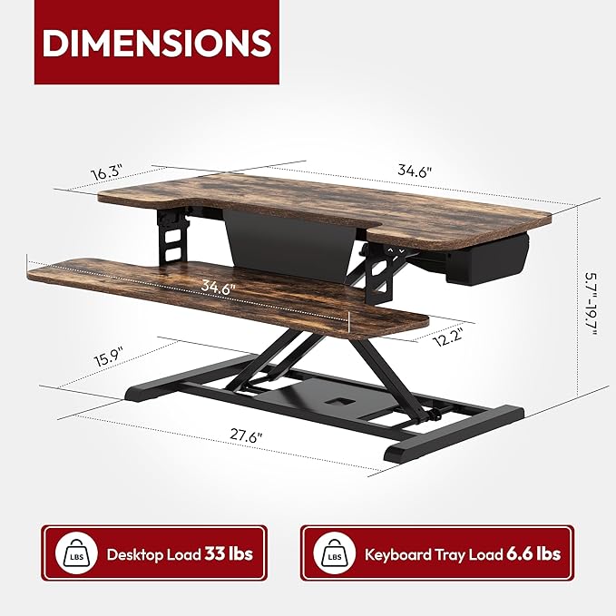 SANODESK Standing Desk Converter with Electric Motor 35" Height Adjustable Desk Riser for Office Home,Monitor and Laptop Workstation with Large Keyboard Tray,Rustic Color-DeskLoop Office