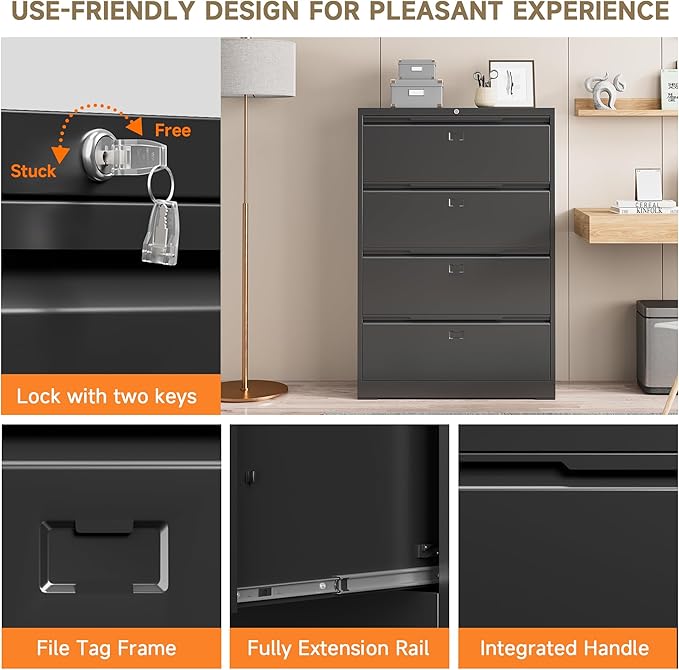 File Cabinet, 4 Drawer Metal File Cabinet with Lock, Lateral File Cabinet for Home and Office, Lateral File Cabinet for A4 Legal/Letter Size, Assembly Required (Black, 4 Drawer)-DeskLoop Office