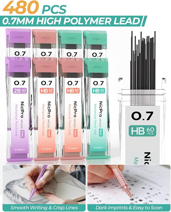 Nicpro 0.7 mm Metal Mechanical Pencil Set, 3PCS MP1000 Artist Lead Pencils With 480PCS HB 2B Lead Refills, Erasers, Pastel Aesthetic Mechanical Pencils for School Supplies Writing Drawing Sketching-DeskLoop Office