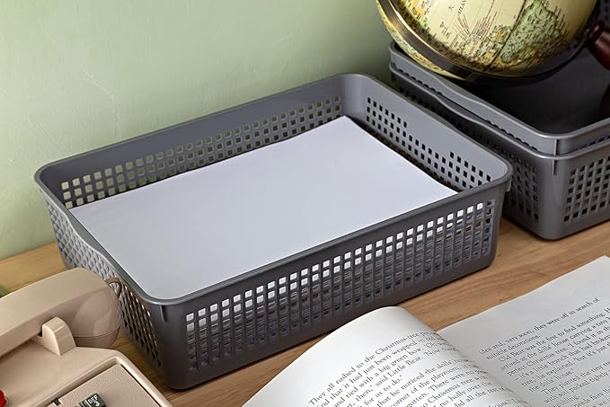 A4 Size Plastic Storage Basket,Desktop File Paper Letter Organizer Tray, 6-Packs (White+Grey)-DeskLoop Office