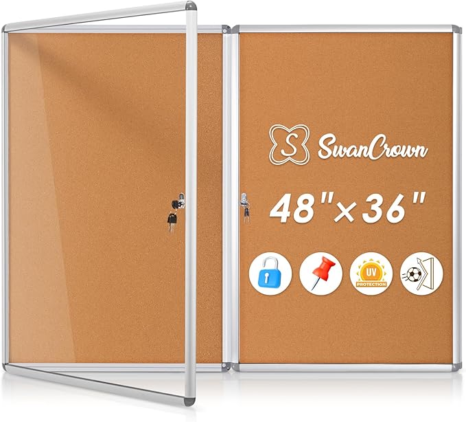 SWANCROWN Enclosed Bulletin Board 36x24 in, Tamperproof Lockable Cork Board Wall Display Case for Office School Home, Aluminum Frame, 2PCS-DeskLoop Office