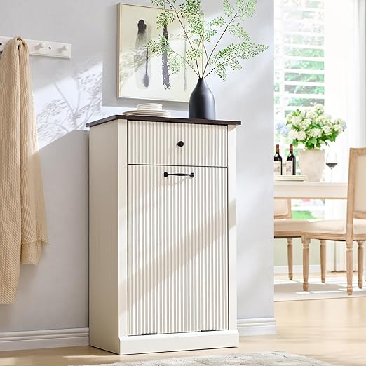 Modern Tilt-Out Trash Can Cabinet, 10 Gallon Fluted Laundry Hamper Cabinet with Drawers, Wooden Hidden Garbage Can Cabinets with Storage Basket, Free Standing for Kitchen and Living Room, White-DeskLoop Office