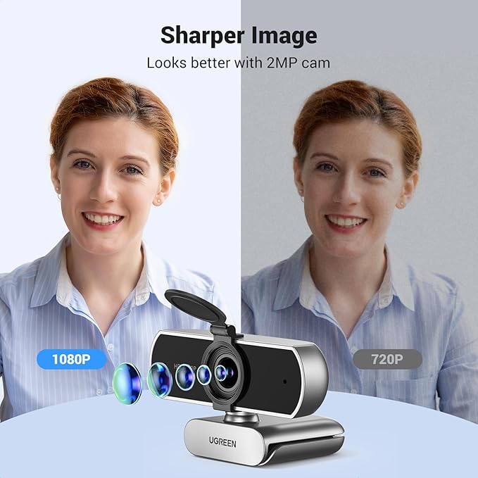 UGREEN Full HD 1080P Webcam with Microphone, 2 Noise-Canceling Mics, 85° Fov & Fixed Focus, Plug and Play, Auto Light Correction, Privacy Cover PC Camera for Zoom/Skype/Teams, Switch 2, Silver Gray-DeskLoop Office