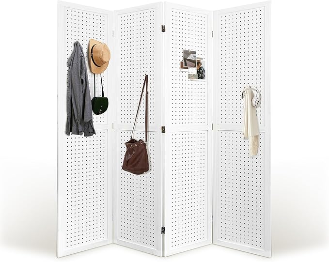 Room Divider, 5.6FT Folding Room Divider Panel, 4 Panel Pegboard Display Wood Partition Wall Divider for Room Separation& Craft Shows, White-DeskLoop Office