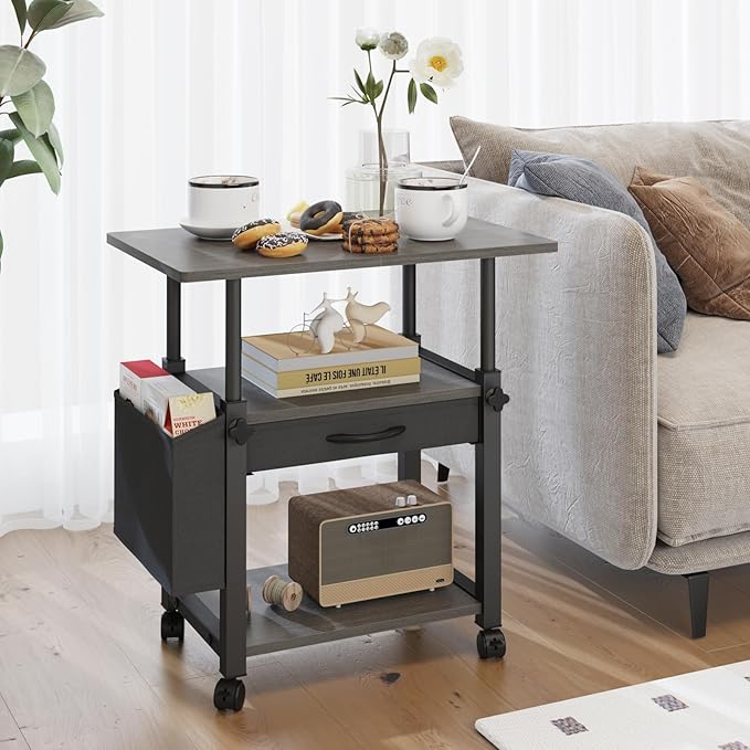 22"x15" Large Printer Stand with Drawer and-side Bag, Adjustable 3-Tier Printer Cart for Home Office, Rolling Printer Stand Fit Heat Press/Laser/3D Printer (Grey)-DeskLoop Office