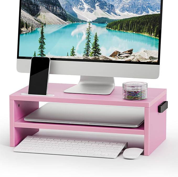 Marbrasse Monitor Stand Riser, 16.5 Inch 2 Tier Computer Printer Shelf Stand for Laptop Computer Screen Storage, Desktop Stand with Phone Holder and Cable Management (Pink)-DeskLoop Office