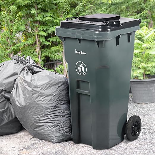 32 Gallon Trash Can with Wheels and Lid, Rolling Recycling Bin Outdoor with Wheels, Commercial Wheeled Garbage Can for Home Garage Office, Set of Blue and Gray-DeskLoop Office