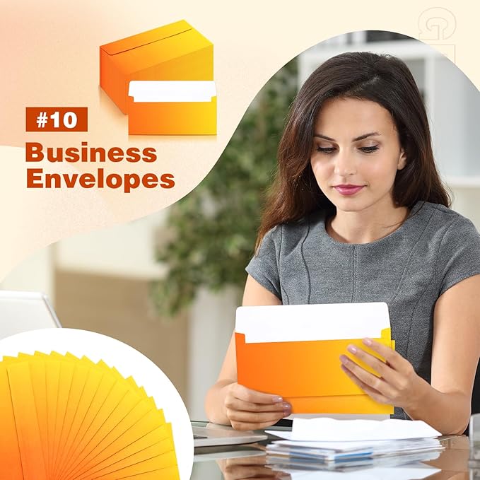 100 Pcs #10 Business Envelopes Colorful Self Adhesive Standard Envelopes Gradient for Office Check Invoices Letters Letterhead Invitations Announcements 4-1/8 x 9-1/2''(Gradient Orange)-DeskLoop Office