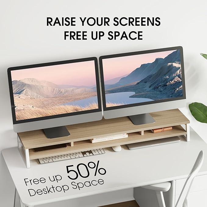 Fenge Dual Monitor Stand for Desk, 42.5in Large Monitor Riser for 2 Monitors, 2 Tier Computer Office Desk Top Shelf, Desktop Storage Stand for Laptop, PC, Computer, Printer-DeskLoop Office